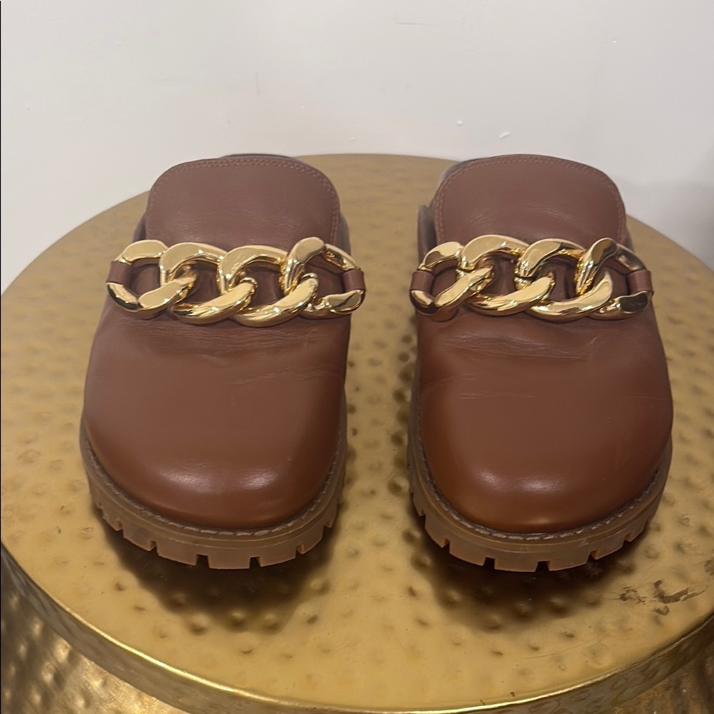 Michael Kors. Brown Leather Clogs with Gold Chain